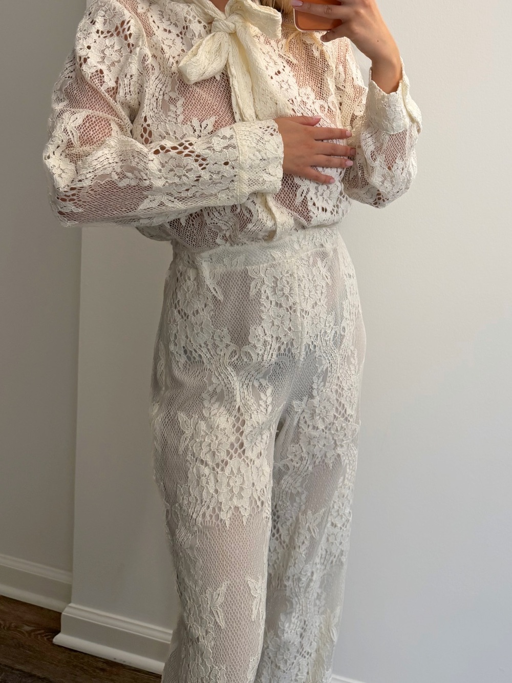 Ivory Lace Sheer Bow Blouse & Pants Set